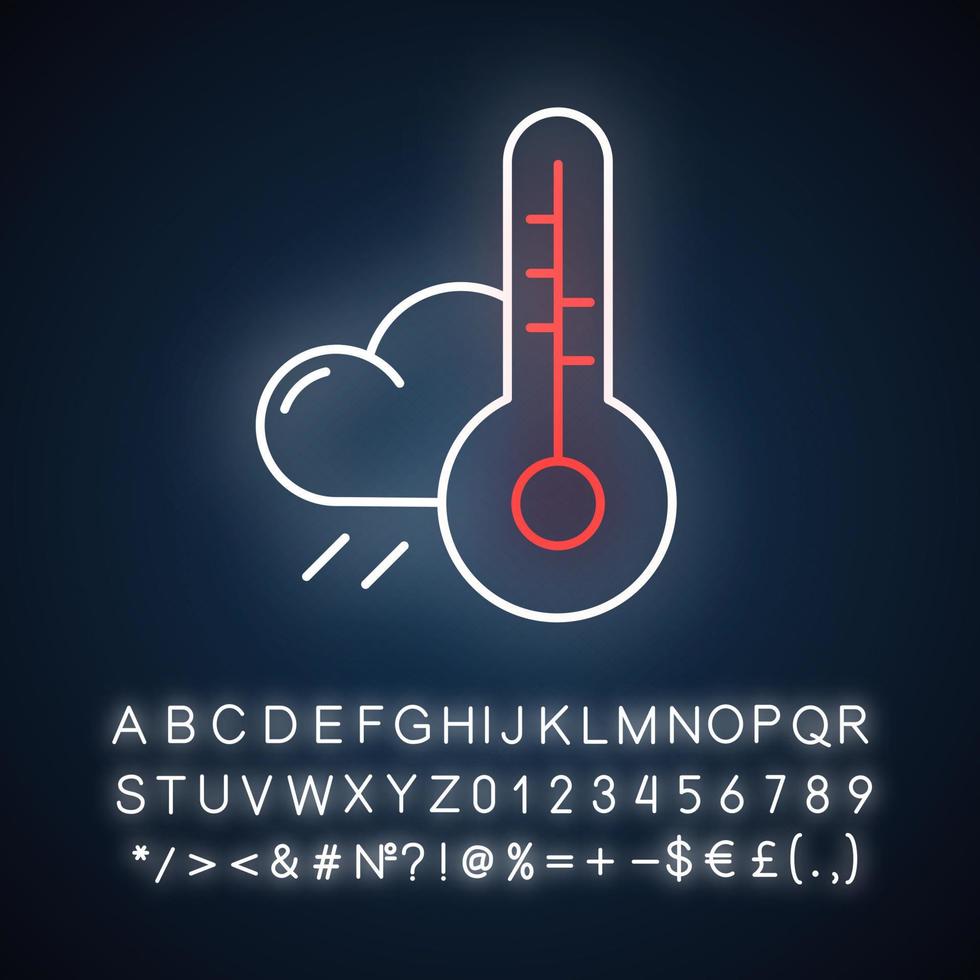 icône de néon de prévisions météo. observations météorologiques. conditions atmosphériques. pluie et thermomètre. signe lumineux avec alphabet, chiffres et symboles. illustration vectorielle isolée vecteur