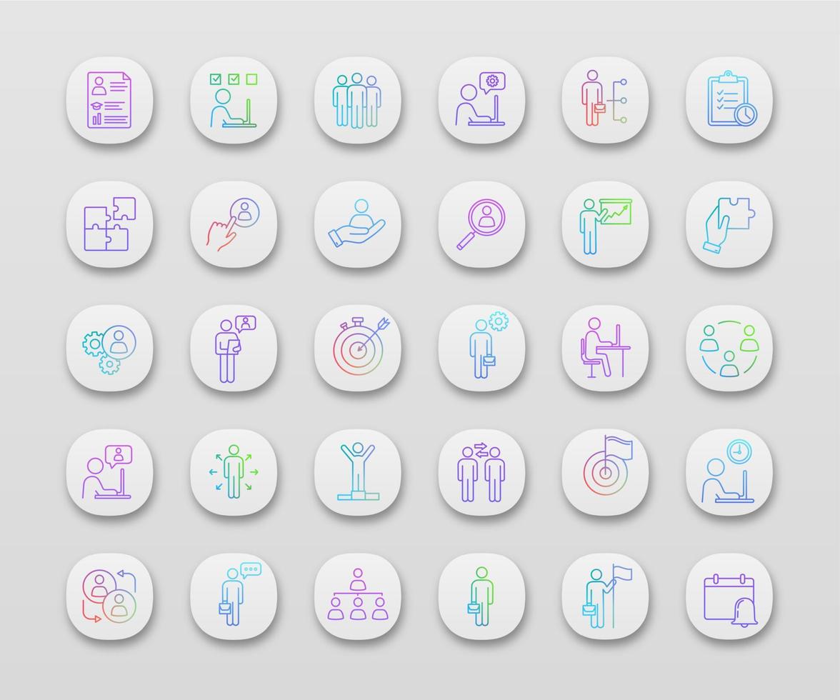 ensemble d'icônes d'application de gestion d'entreprise. interface utilisateur ui ux. chasse de tête et gestion des ressources humaines. travail d'équipe et leadership. Développement des affaires. applications web ou mobiles. illustrations vectorielles isolées vecteur
