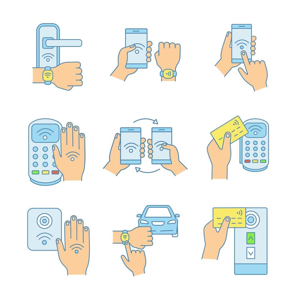 jeu d'icônes de couleur de technologie nfc. bracelet nfc, serrure de porte, transfert de données, smartphone, voiture. communication en champ proche. paiement sans contact. illustrations vectorielles isolées vecteur