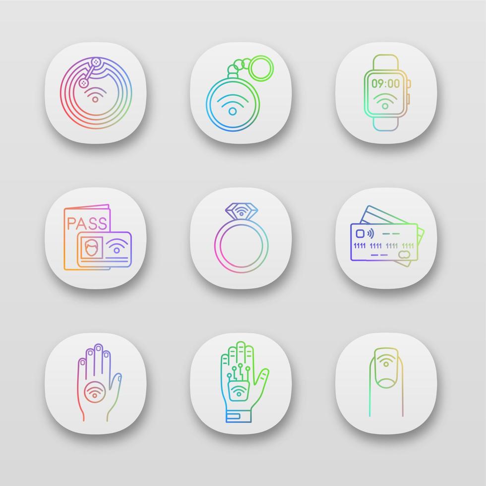ensemble d'icônes d'application de technologie nfc. puce de champ proche, bibelot, smartwatch, système d'identification, bague, carte de crédit, autocollant, implant de main, manucure. interface utilisateur ui ux. illustrations vectorielles isolées vecteur