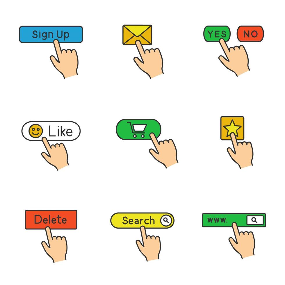 jeu d'icônes de couleur des boutons d'application. Cliquez sur. inscrivez-vous, envoyez un message, oui ou non, aimez, achetez, ajoutez aux favoris, supprimez, barre de recherche. illustrations vectorielles isolées vecteur