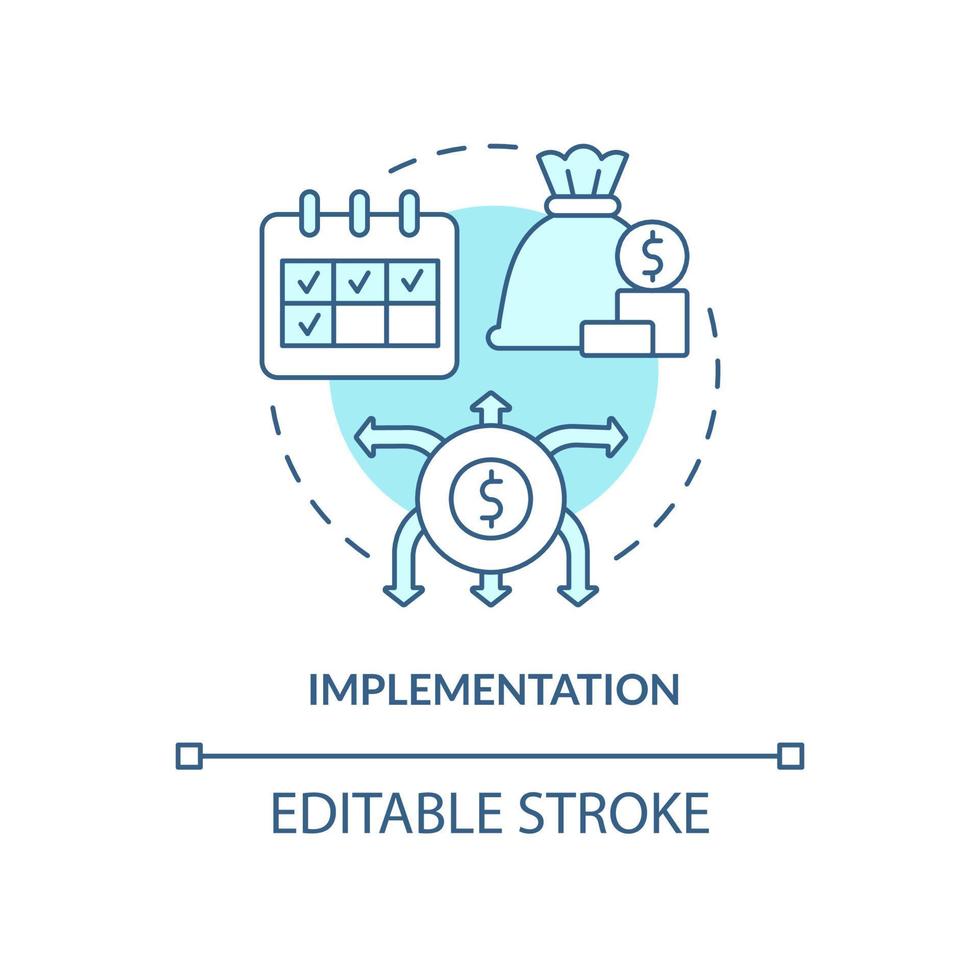 icône de concept turquoise de mise en œuvre. plan financier modifié. illustration de la ligne mince de l'idée abstraite du processus de budgétisation. dessin de contour isolé. trait modifiable. vecteur