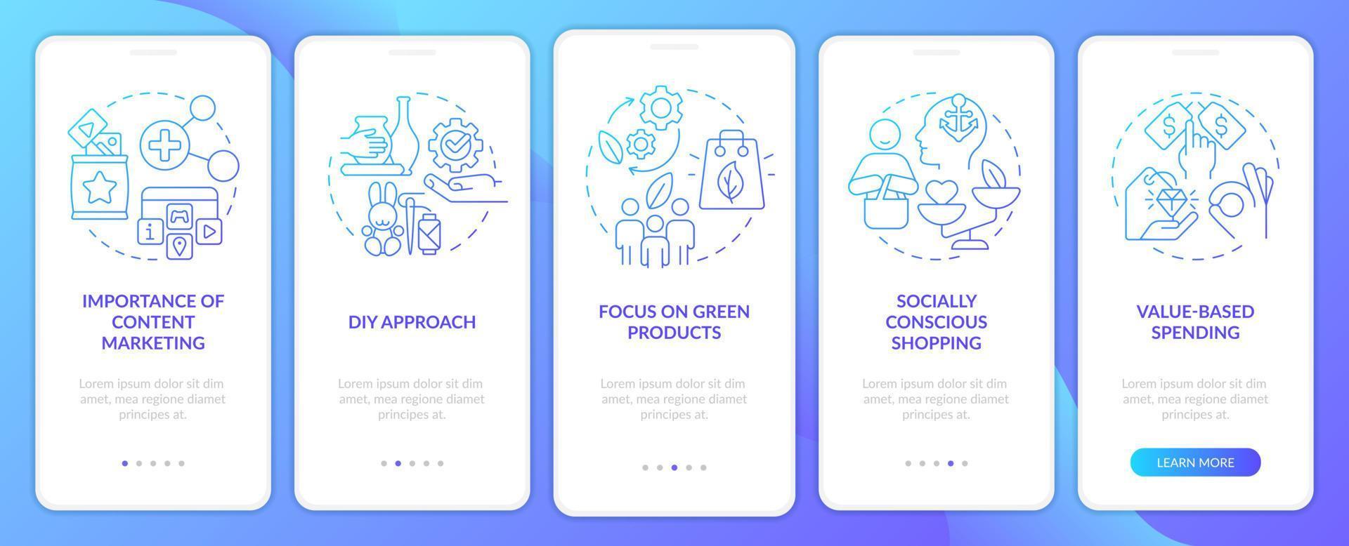 tendances du comportement des clients écran d'application mobile d'intégration en dégradé bleu. pas à pas en 5 étapes pages d'instructions graphiques avec des concepts linéaires. ui, ux, modèle d'interface graphique. vecteur