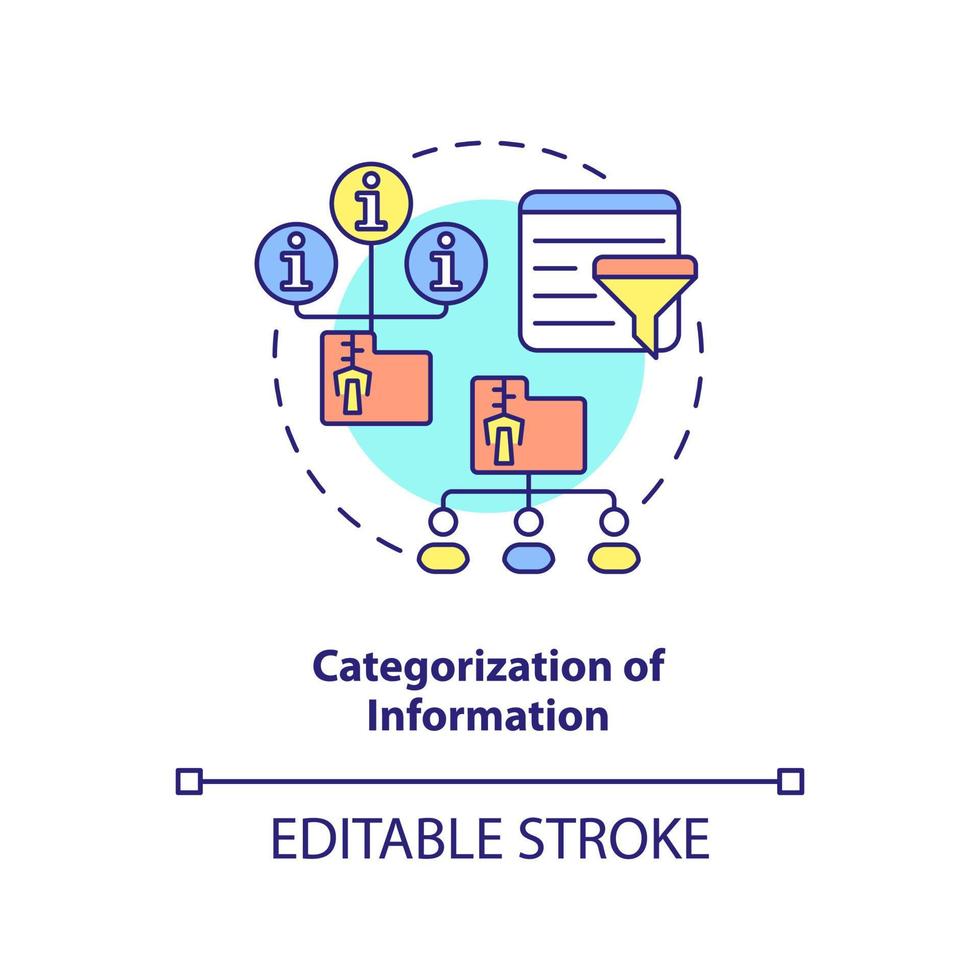 catégorisation de l'icône de concept d'information. affectation de l'illustration de la ligne mince de l'idée abstraite de l'industrie de l'information. dessin de contour isolé. trait modifiable. vecteur