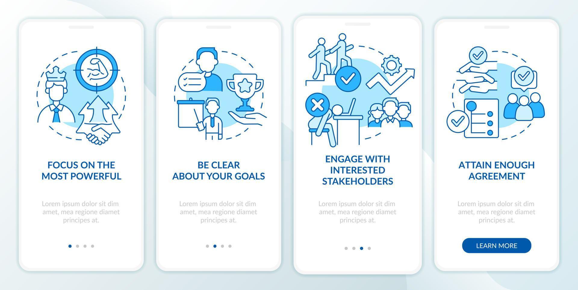 écran d'application mobile d'intégration bleu d'engagement des parties prenantes. pages d'instructions graphiques en 4 étapes avec des concepts linéaires. ui, ux, modèle d'interface graphique. vecteur