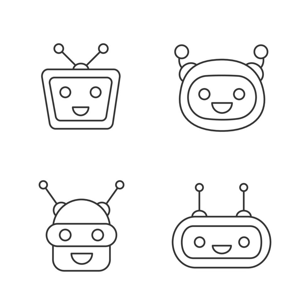 ensemble d'icônes linéaires de chatbots. collection d'assistants virtuels en riant. agents conversationnels. illustration de la ligne mince. robots modernes. symbole de contour. dessin de contour isolé de vecteur. trait modifiable vecteur