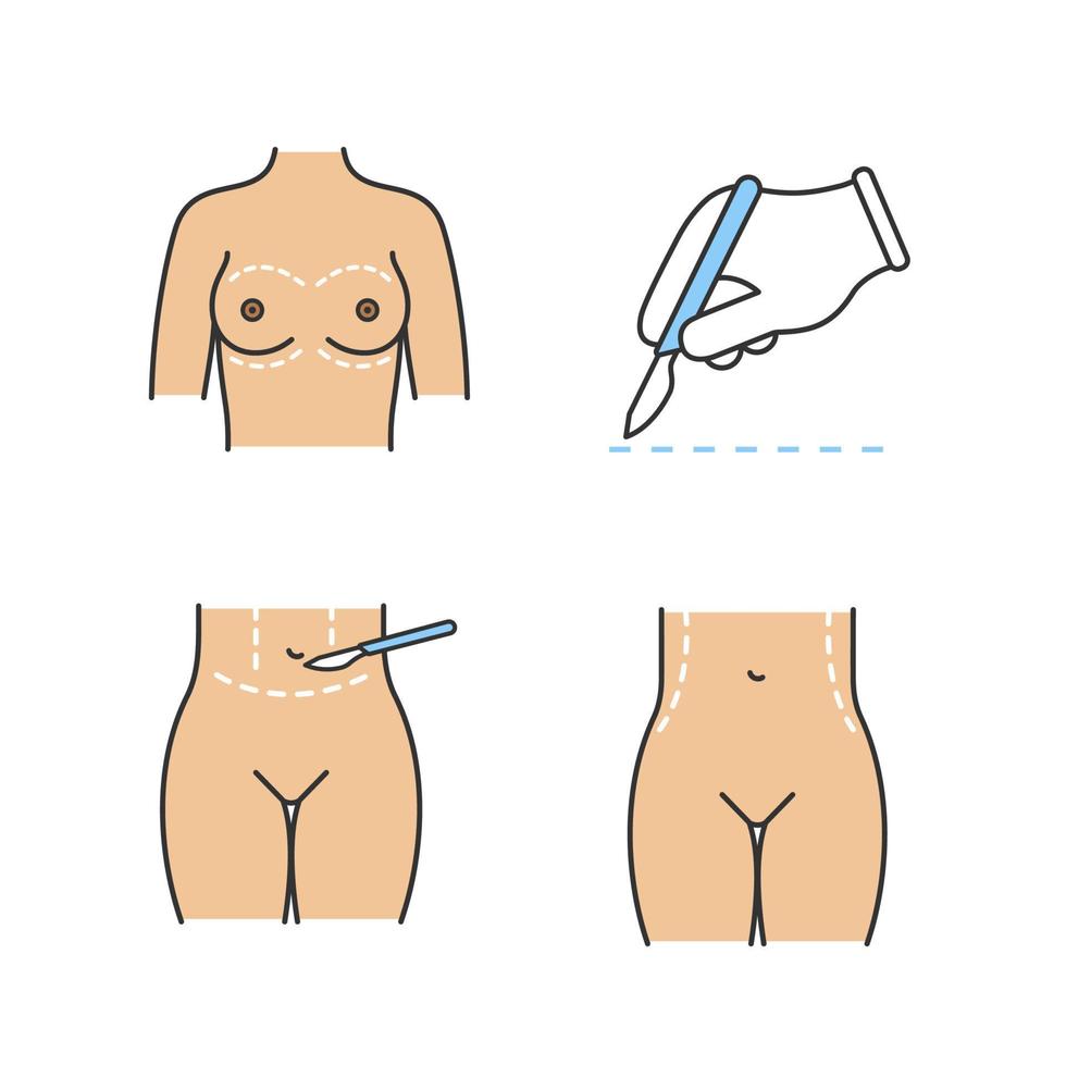 ensemble d'icônes de couleur de chirurgie plastique. augmentation mammaire, incision chirurgicale au scalpel, abdominoplastie en plastique, correction de la taille. illustrations vectorielles isolées vecteur