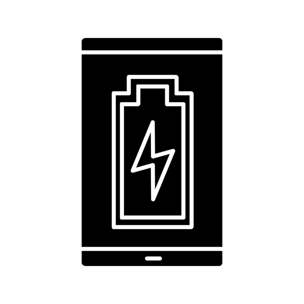 icône de glyphe de charge de batterie de smartphone. charge terminée. indicateur de niveau de batterie de téléphone portable. symbole de la silhouette. espace négatif. illustration vectorielle isolée vecteur