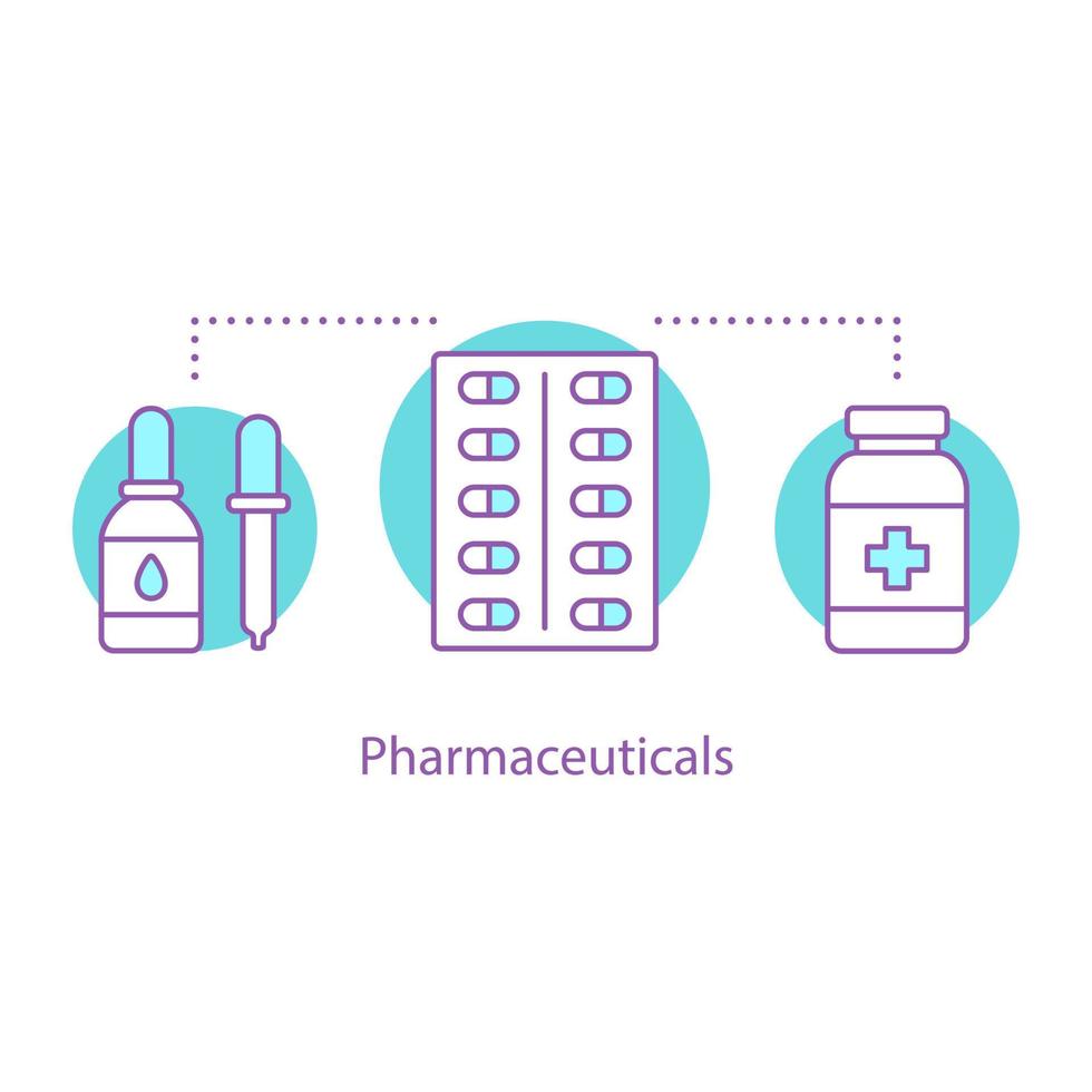 icône de concept de produits pharmaceutiques. illustration de fine ligne d'idée de médicaments. traitement. gouttes, pilules, gélules. dessin de contour isolé de vecteur