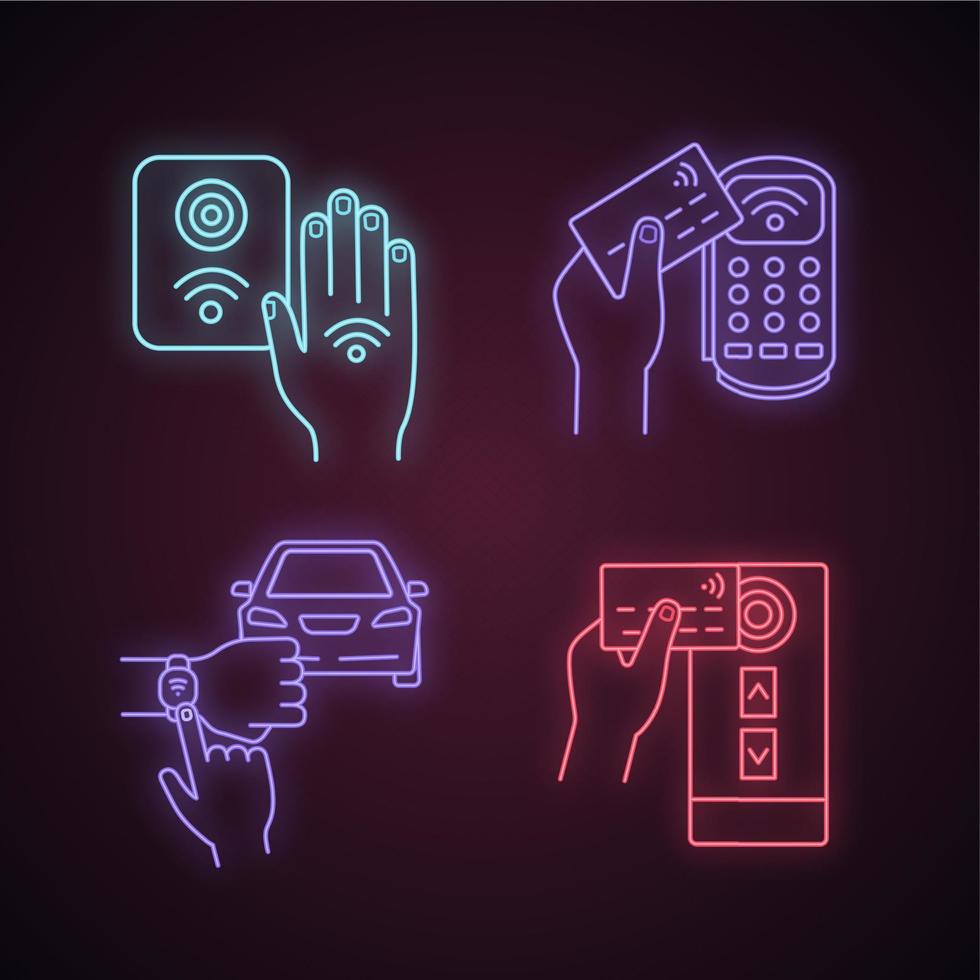 ensemble d'icônes de néon de technologie nfc. lecteur de proximité, terminal de paiement, voiture et bracelet, contrôle d'accès. signes lumineux. illustrations vectorielles isolées vecteur