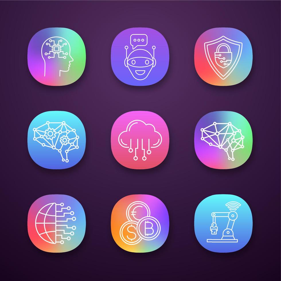 ensemble d'icônes d'application d'intelligence artificielle. interface utilisateur ui ux. ai. chat bot, neurotechnologie, big data, internet des objets, cerveau numérique. applications web ou mobiles. illustrations vectorielles isolées vecteur