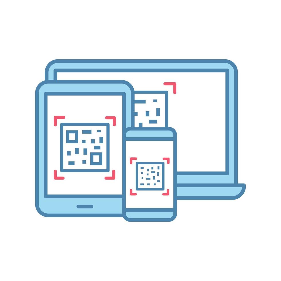 codes qr sur l'icône de couleur de différents appareils. générateur de codes-barres matriciels. Codes 2d sur ordinateur portable, smartphone et tablette. matrice de données. applications de lecture et de numérisation de codes-barres. illustration vectorielle isolée vecteur