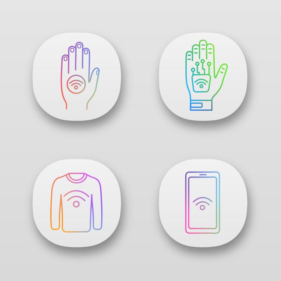 ensemble d'icônes d'application de technologie nfc. autocollant de main de champ proche, implant, vêtements, smartphone. interface utilisateur ui ux. applications web ou mobiles. illustrations vectorielles isolées vecteur