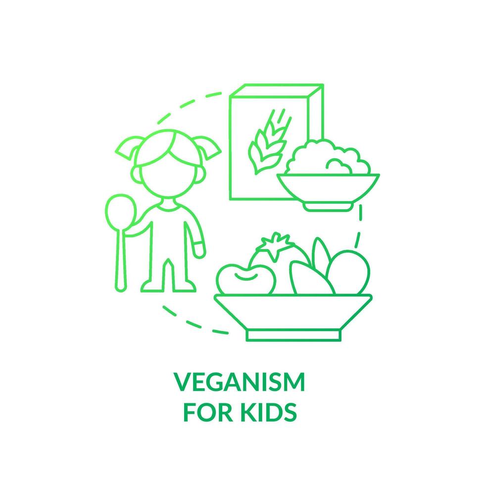 véganisme pour enfants icône de concept de gradient vert. nutriments essentiels pour les enfants. illustration de ligne mince d'idée abstraite de mode de vie végétalien. dessin de contour isolé. vecteur