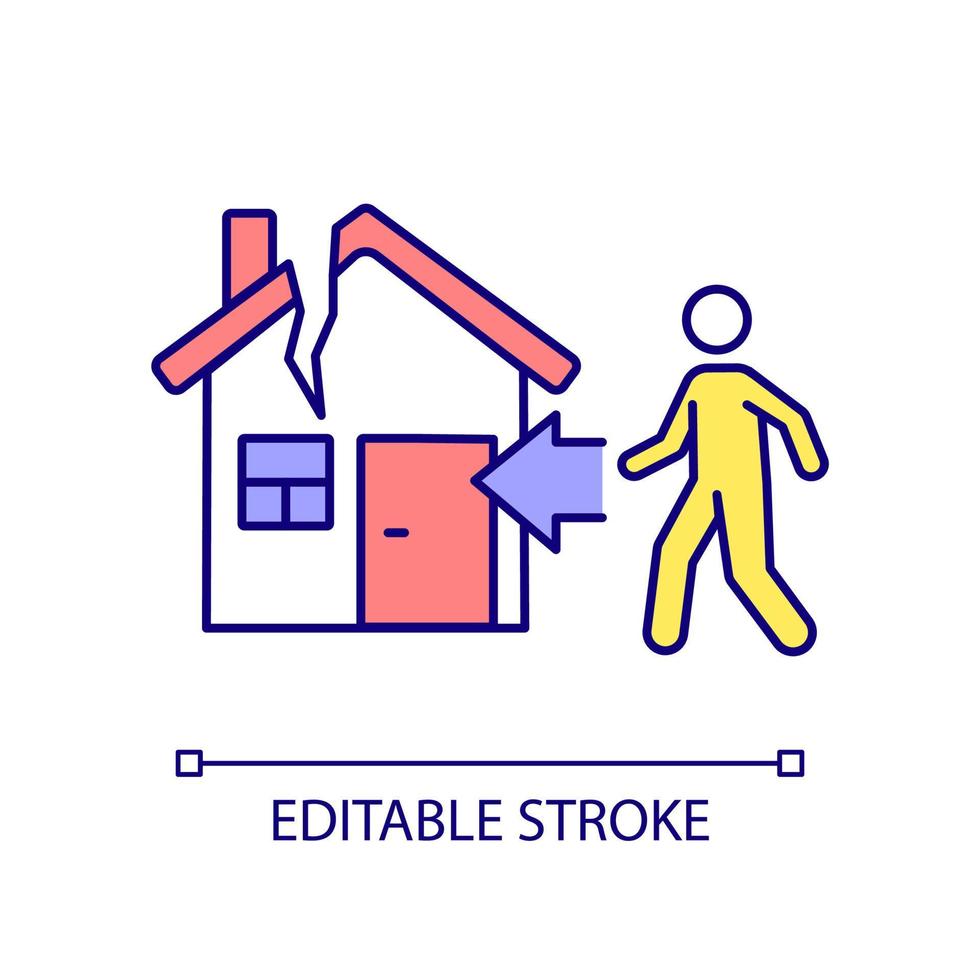 retour à l'icône de couleur RVB endommagée. propriétaire d'un immeuble en ruine. résultat d'une catastrophe naturelle. illustration vectorielle isolée. dessin au trait rempli simple. trait modifiable. vecteur