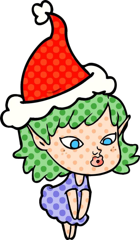 jolie illustration de style bande dessinée d'une fille elfe portant un bonnet de noel vecteur