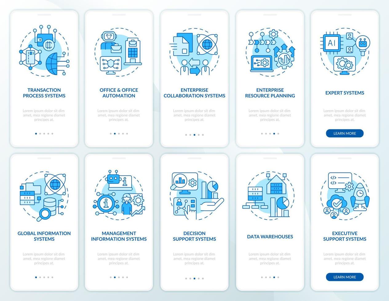 application de systèmes d'information ensemble d'écrans d'application mobile d'intégration bleu. pas à pas en 5 étapes pages d'instructions graphiques avec des concepts linéaires. ui, ux, modèle d'interface graphique. vecteur