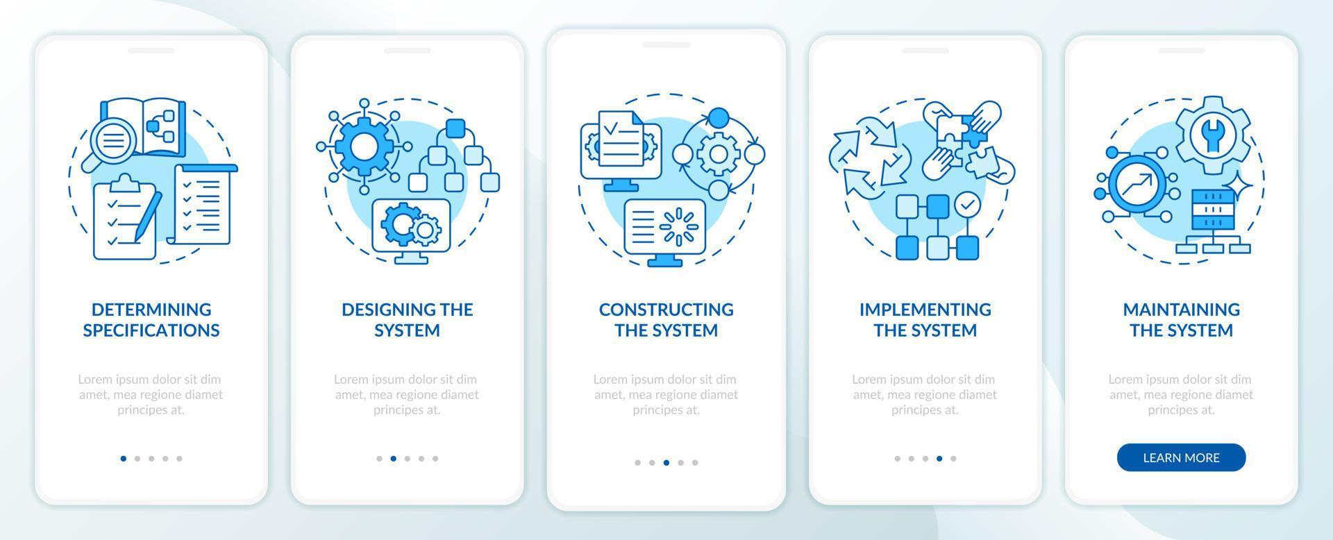 cycle de vie du développement du système d'information écran bleu de l'application mobile d'intégration. pas à pas en 5 étapes pages d'instructions graphiques avec des concepts linéaires. ui, ux, modèle d'interface graphique. vecteur