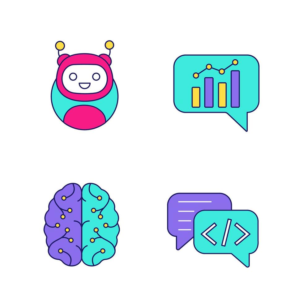 ensemble d'icônes de couleur de chatbots. assistants virtuels. code, statistiques, support chat bots. robots modernes. cerveau numérique. les chatterbots. ai. illustrations vectorielles isolées vecteur