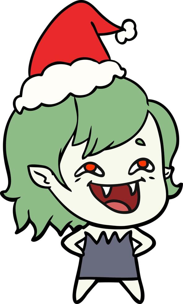 dessin au trait d'une fille vampire riante portant un bonnet de noel vecteur