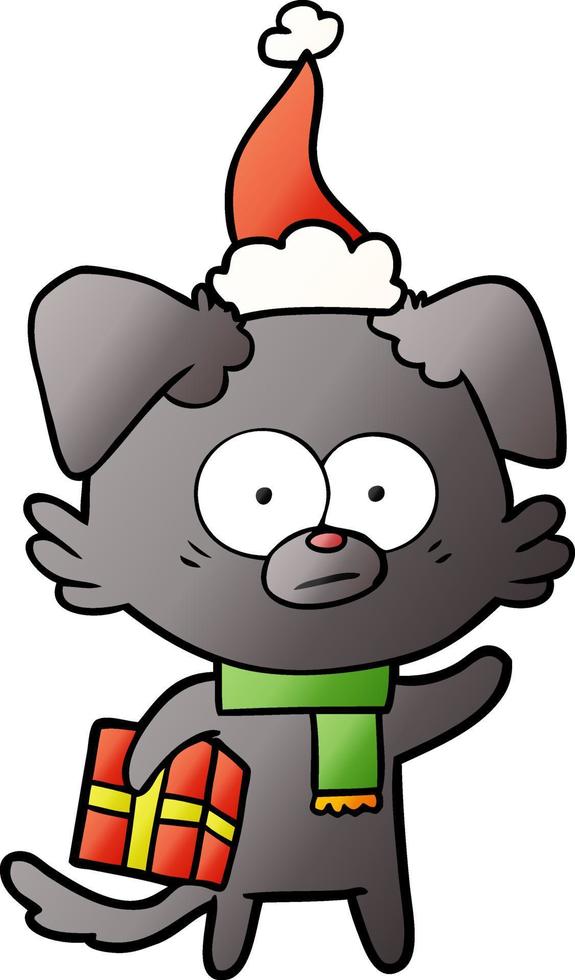 caricature de gradient de chien nerveux d'un cadeau portant un bonnet de noel vecteur