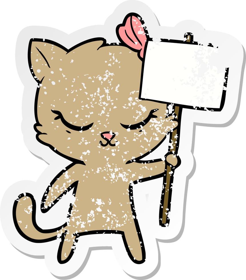 autocollant en détresse d'un chat de dessin animé mignon avec signe vecteur