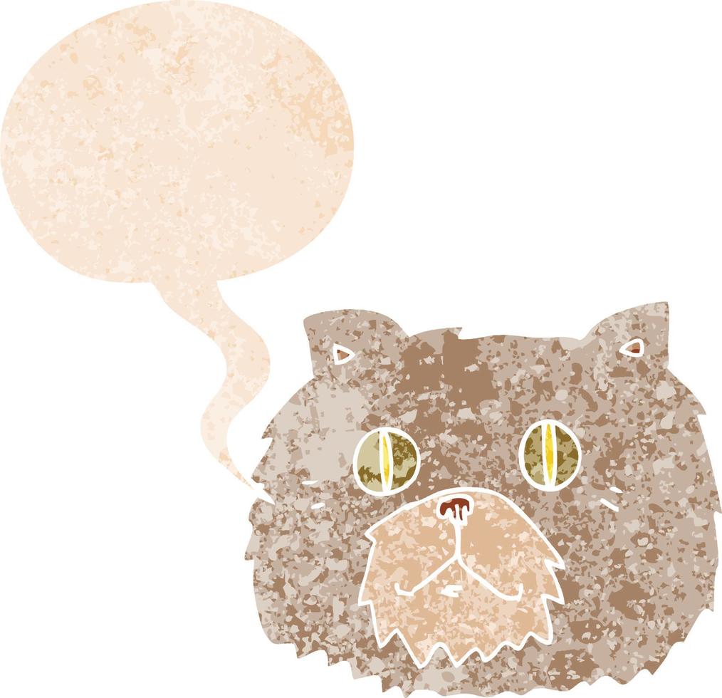 visage de chat de dessin animé et bulle de dialogue dans un style texturé rétro vecteur