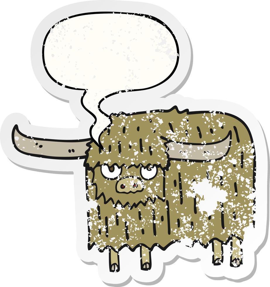 dessin animé vache poilue et bulle de dialogue autocollant en détresse vecteur