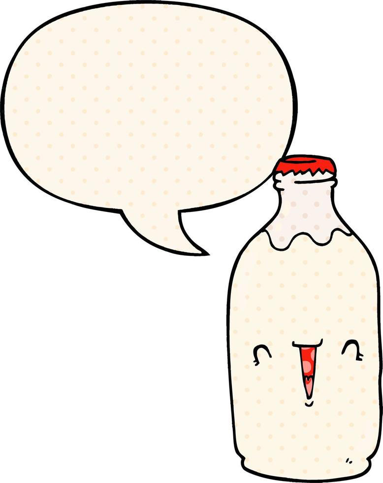 bouteille de lait de dessin animé mignon et bulle de dialogue dans le style de la bande dessinée vecteur