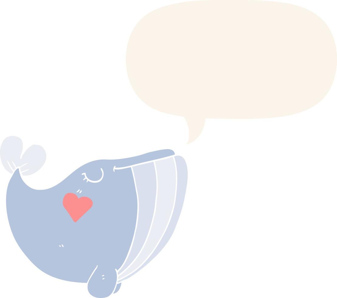 baleine de dessin animé et coeur d'amour et bulle de dialogue dans un style rétro vecteur