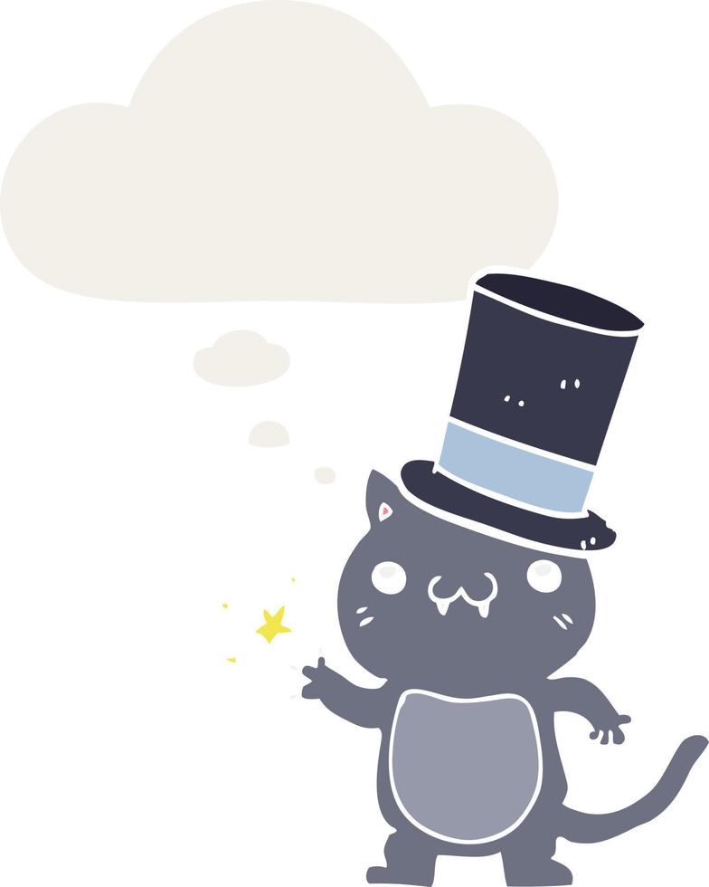 chat de dessin animé portant un chapeau haut de forme et une bulle de pensée dans un style rétro vecteur