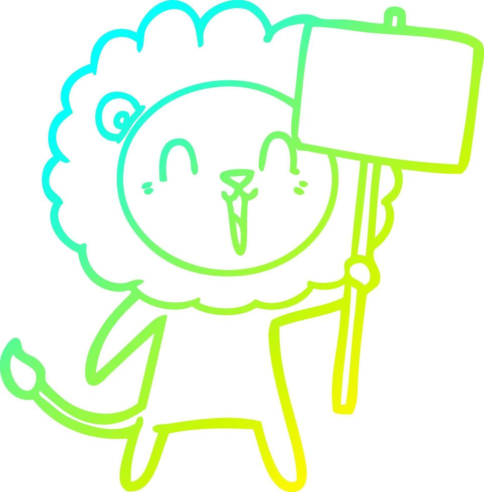 ligne de gradient froid dessinant un dessin animé de lion riant avec une pancarte vecteur