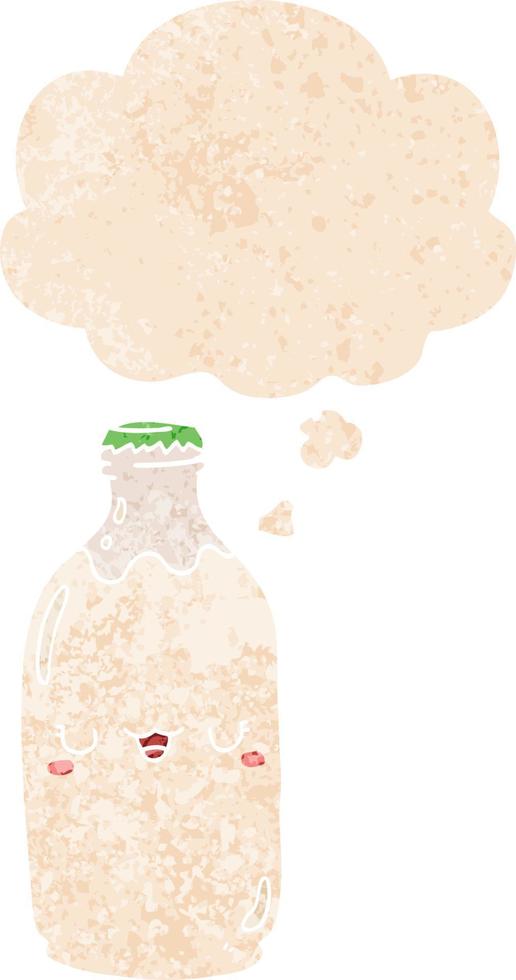 bouteille de lait de dessin animé mignon et bulle de pensée dans un style texturé rétro vecteur