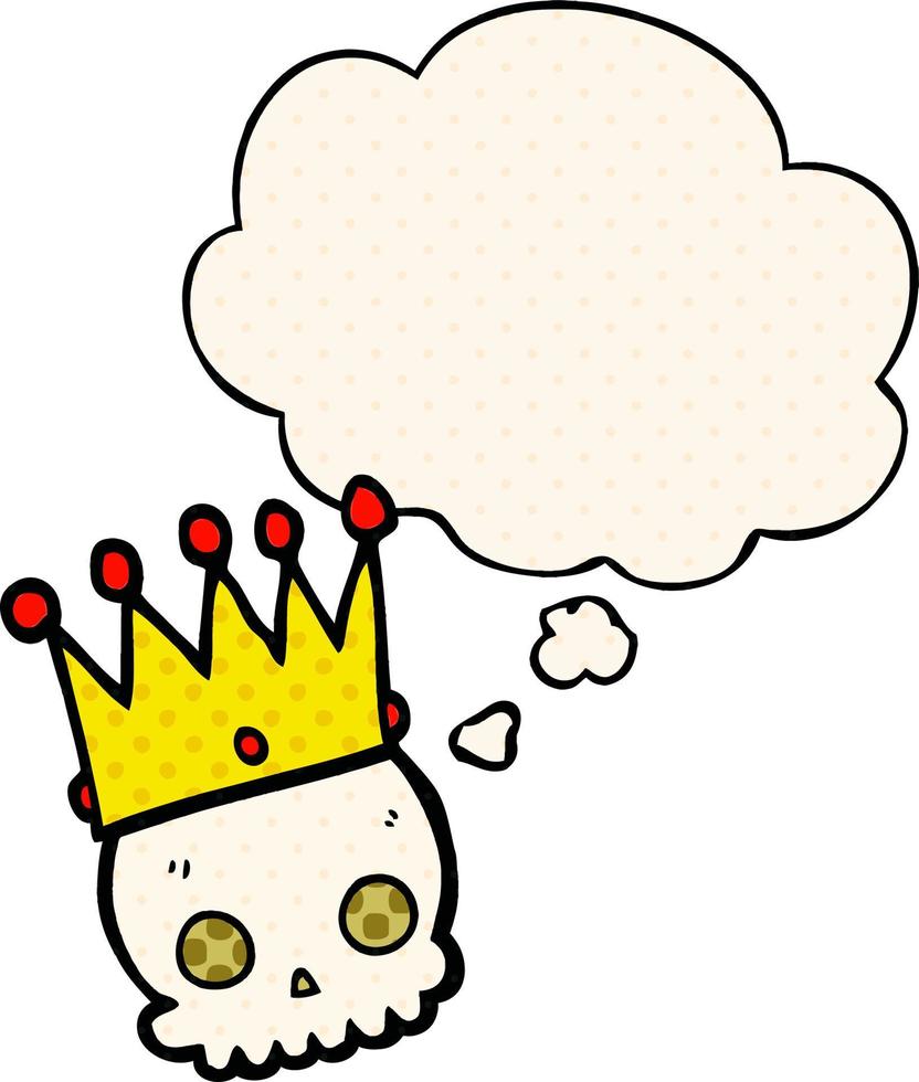 crâne de dessin animé avec couronne et bulle de pensée dans le style de la bande dessinée vecteur