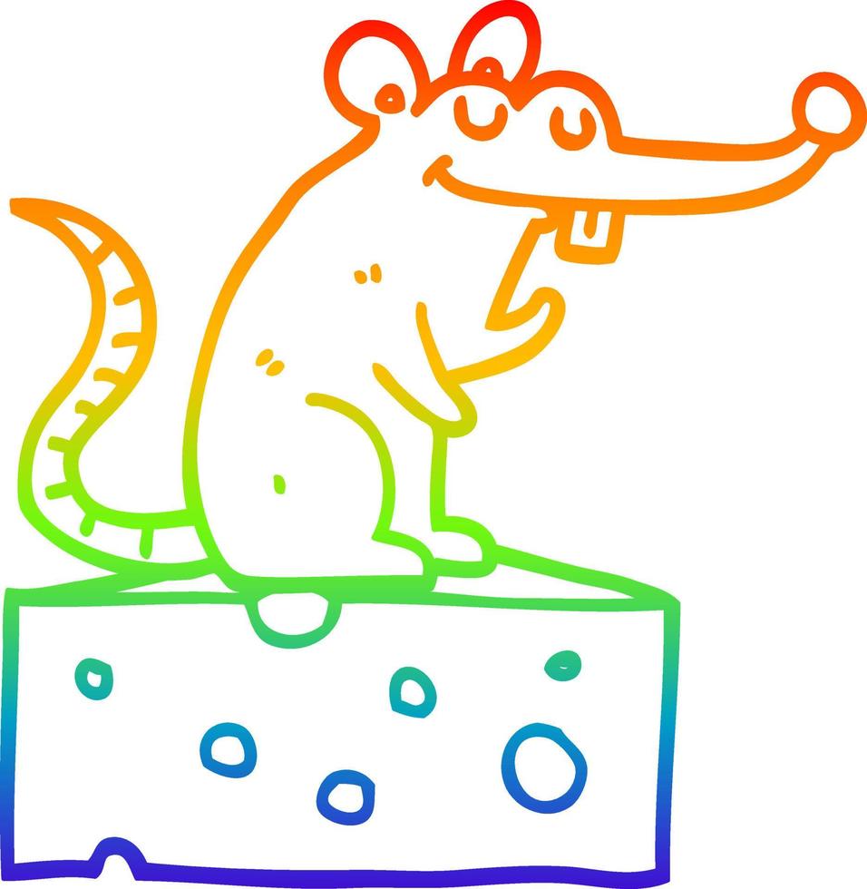 ligne de gradient arc-en-ciel dessinant une souris de dessin animé assise sur du fromage vecteur