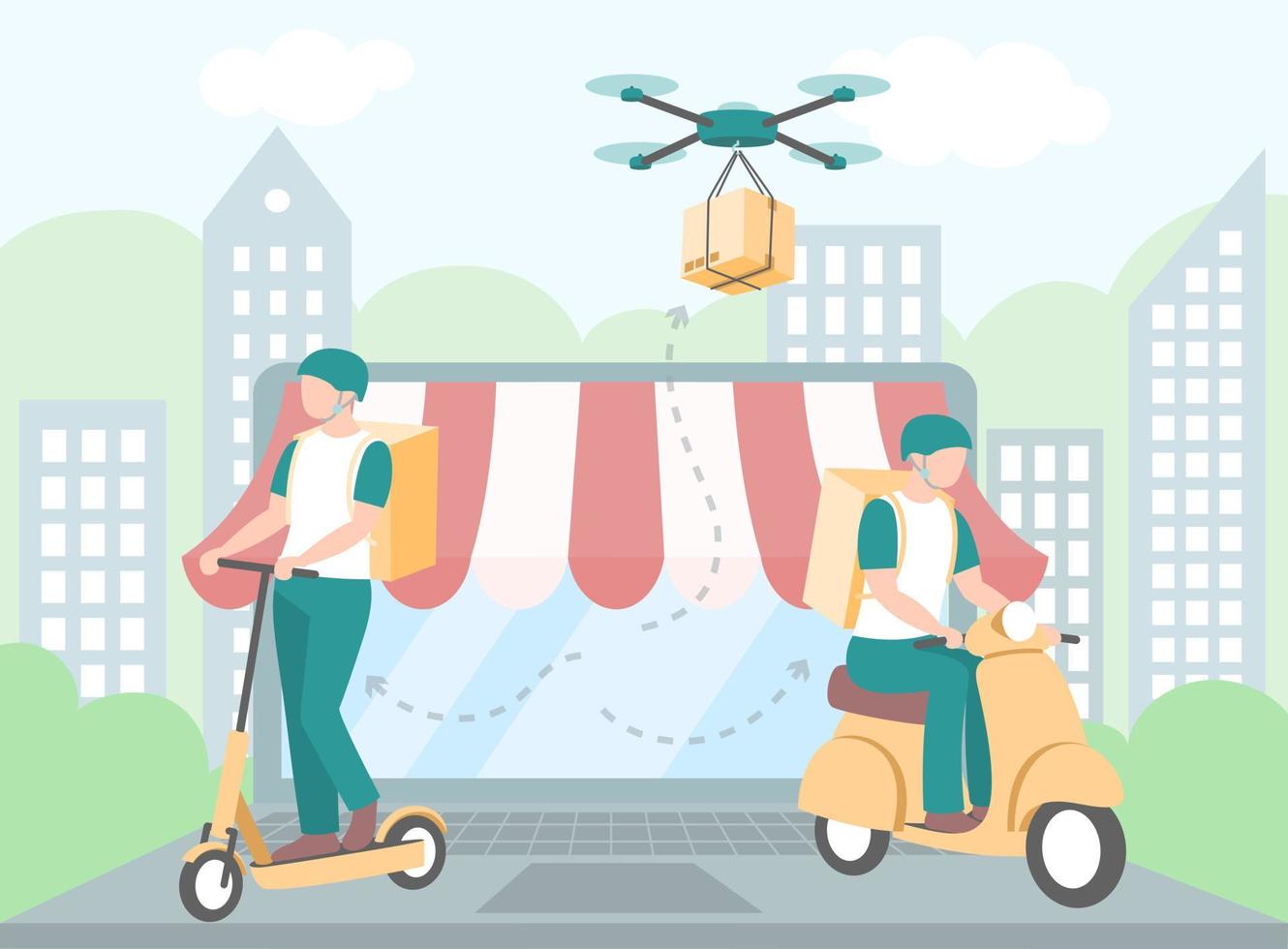 livraison rapide en vélo et quadcopter sur internet. concept de service de livraison en ligne. logistique de la ville sur fond de ville. coursier, livreur, livraison par robot. vecteur