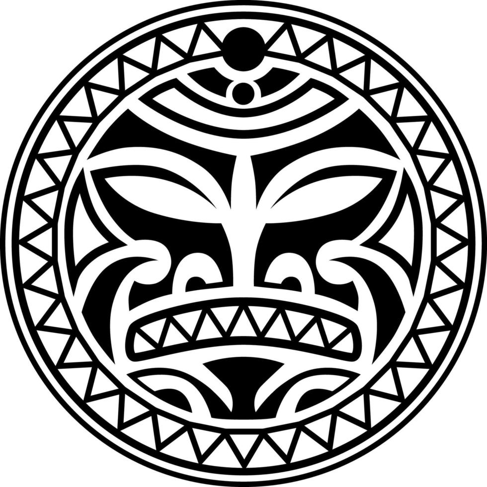 ornement de tatouage rond avec style maori de visage de soleil. masque ethnique africain, aztèque ou maya. vecteur