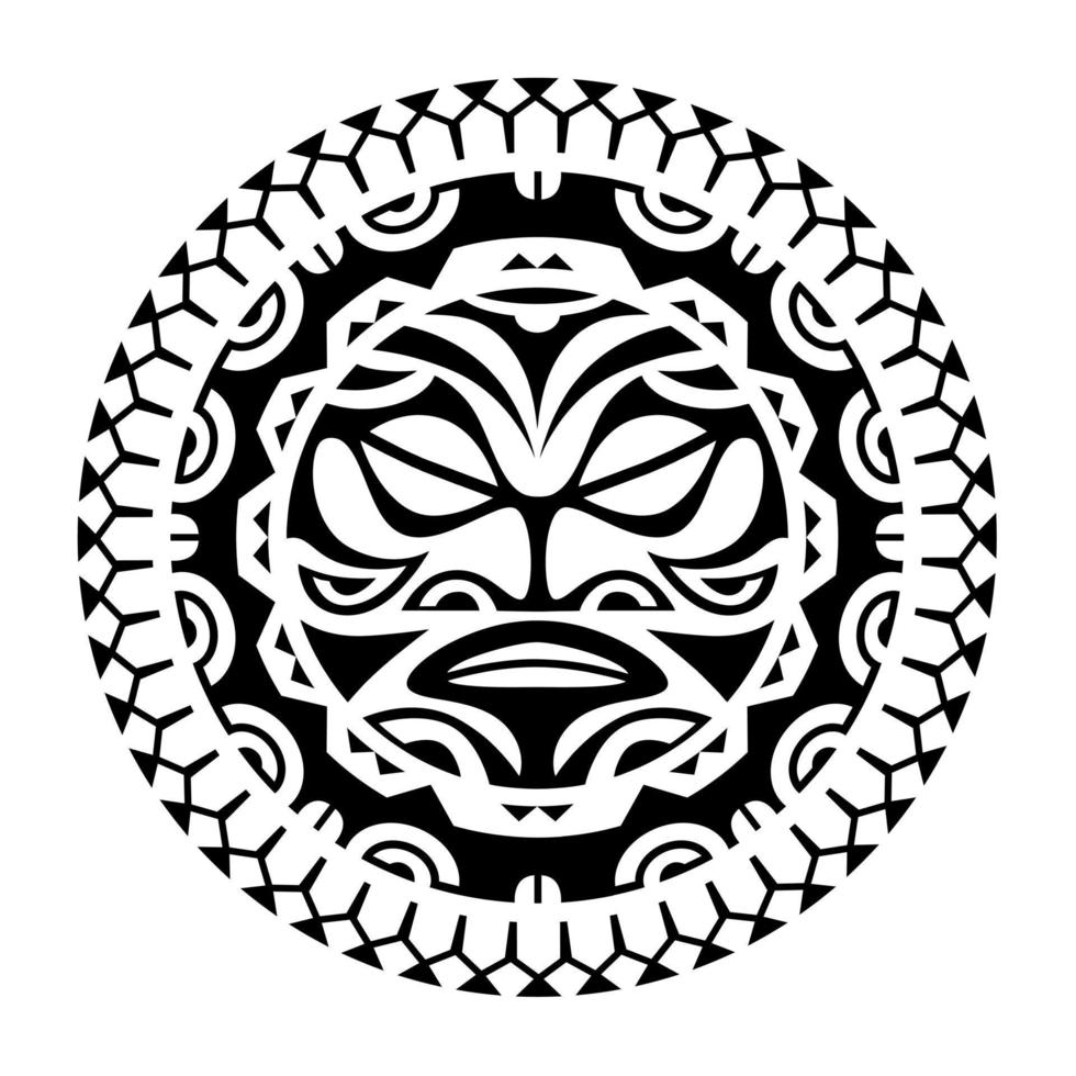 ornement de tatouage rond avec style maori de visage de soleil. masque ethnique africain, aztèque ou maya. vecteur