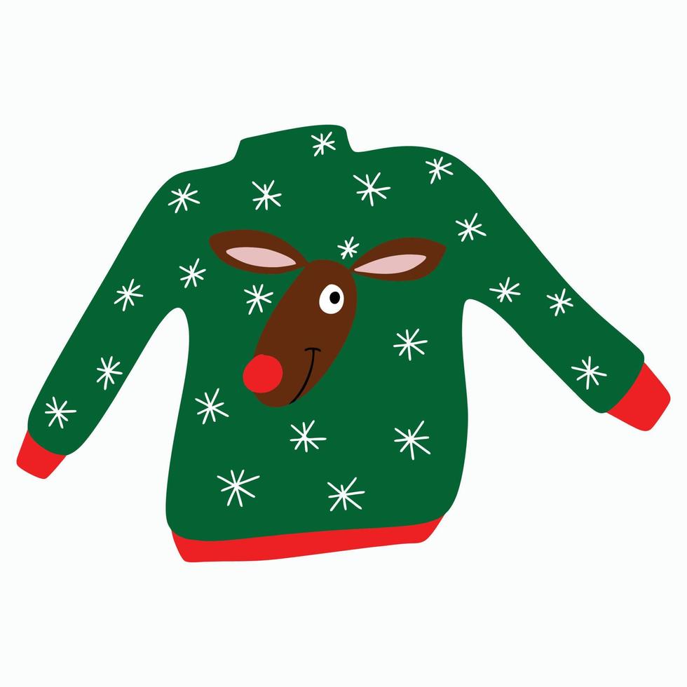 pull moche de noël tricoté. pull drôle avec un cerf sur fond blanc. vecteur