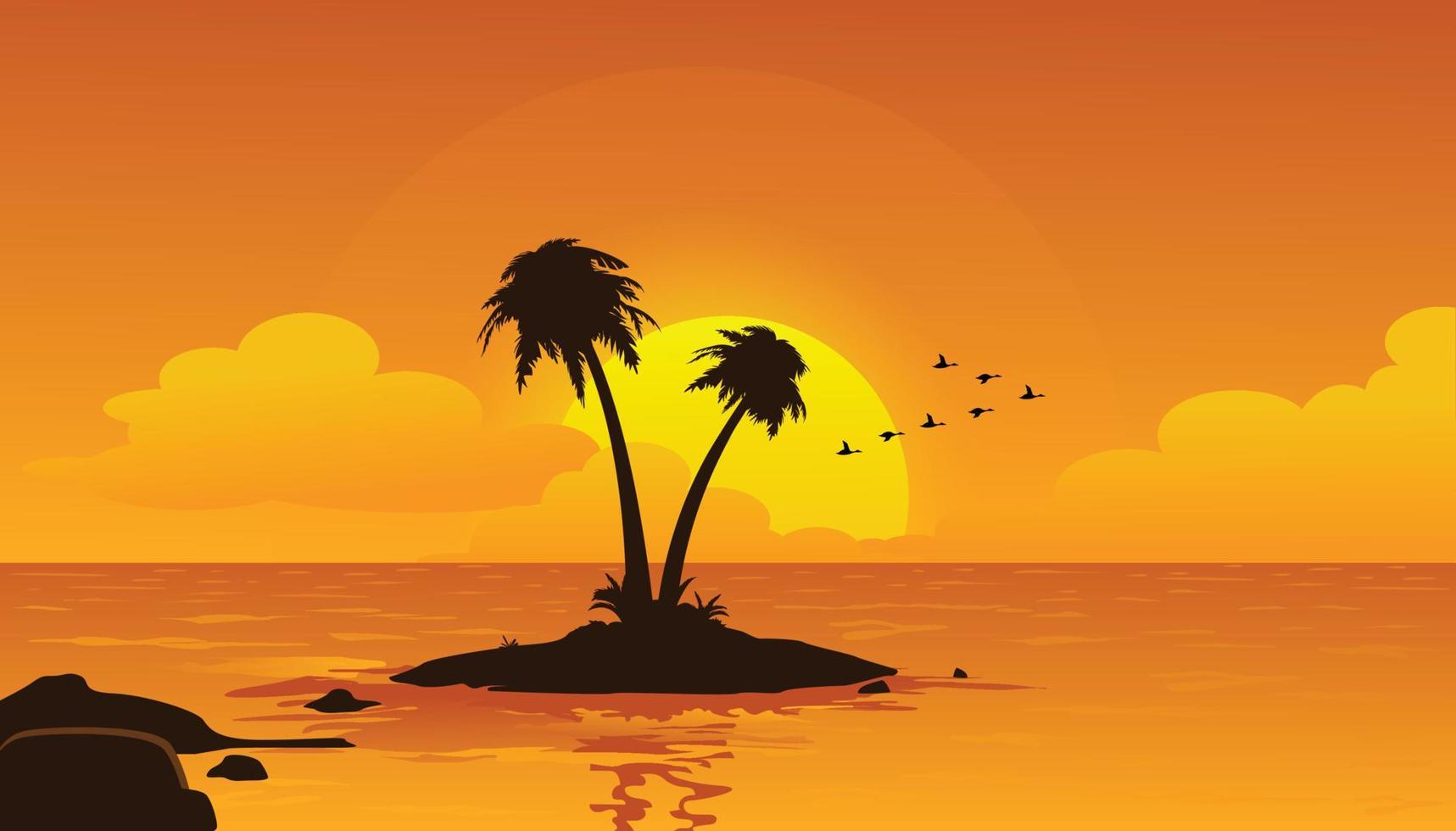 beau coucher de soleil paysage palmiers mer vecteur illustration vectorielle premium