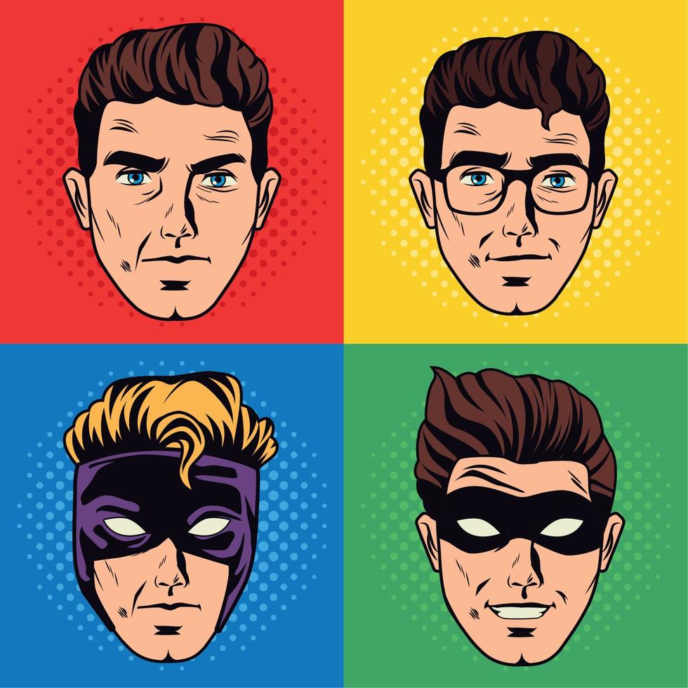 quatre têtes de super-héros pop art vecteur