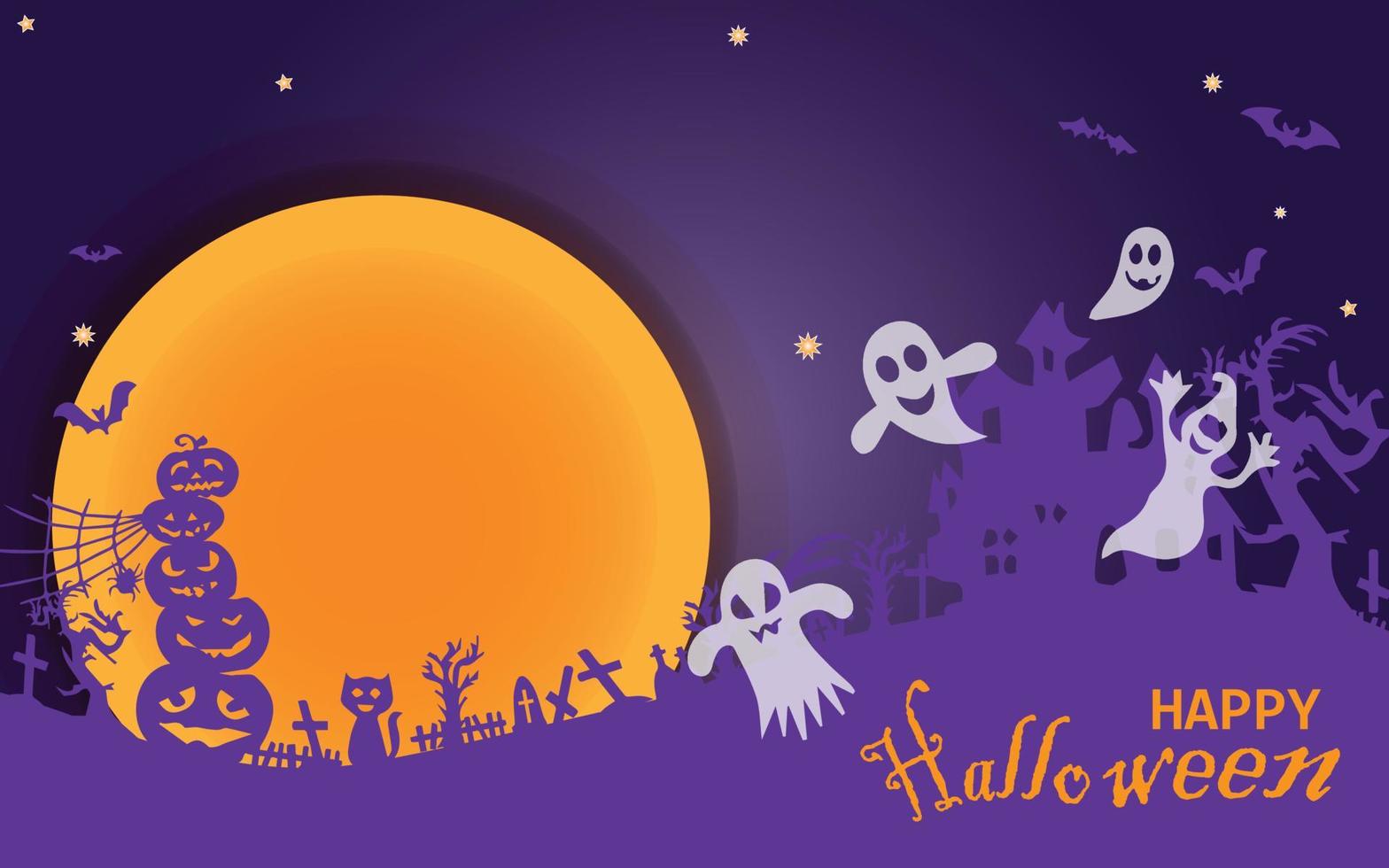 bannière de vente halloween horizontale. bannière de promotion de vacances avec fantôme volant, fantôme, araignée noire et chauve-souris, citrouille effrayante, zigzag et confettis sur fond orange, illustration vectorielle. vecteur