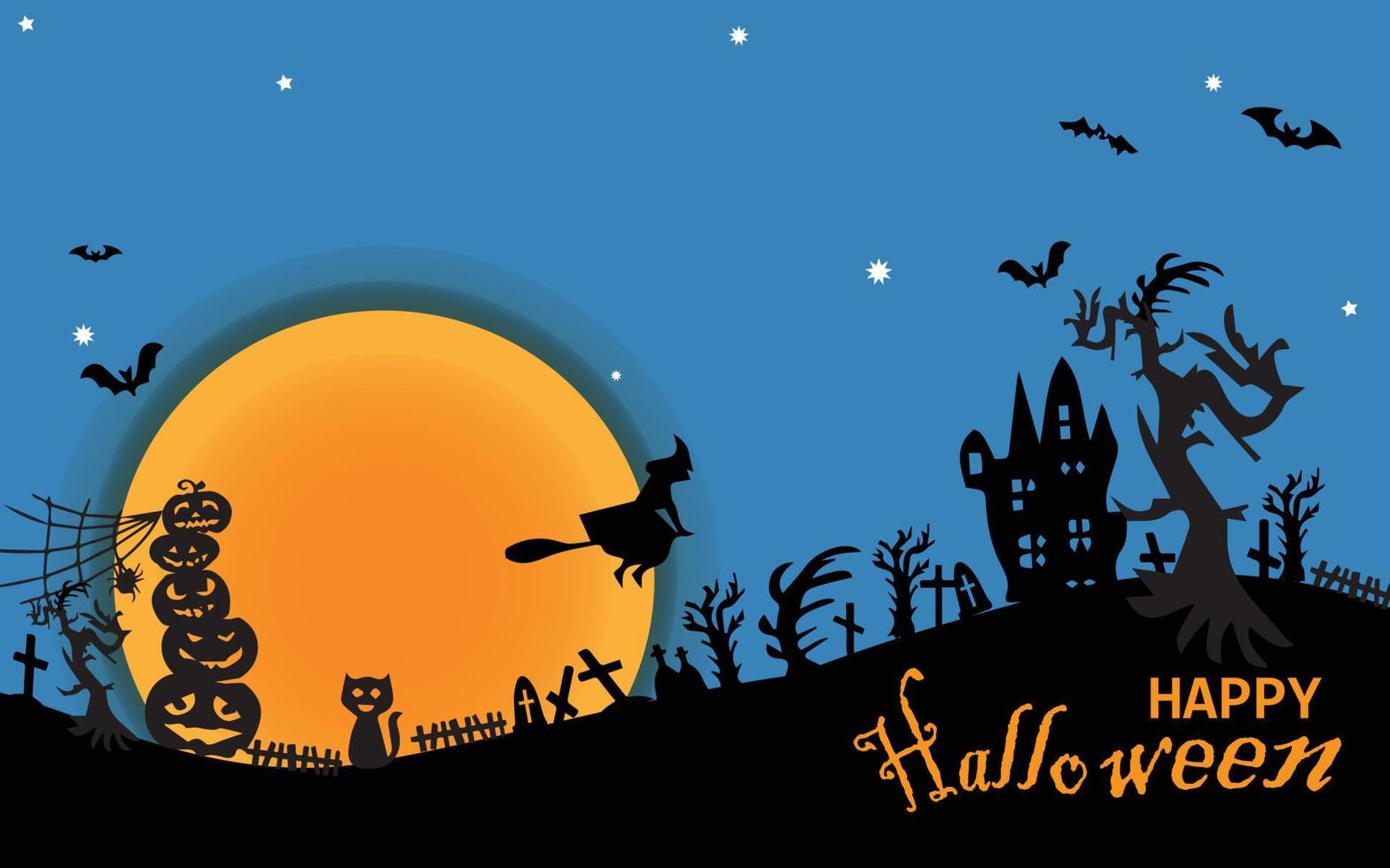 bannière de vente halloween horizontale. bannière de promotion de vacances avec fantôme volant, fantôme, araignée noire et chauve-souris, citrouille effrayante, zigzag et confettis sur fond orange, illustration vectorielle. vecteur