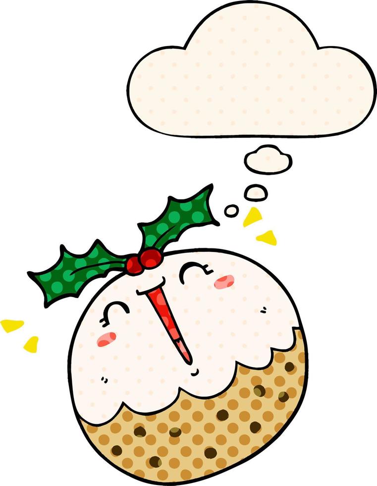 pudding de noël dessin animé mignon et bulle de pensée dans le style de la bande dessinée vecteur