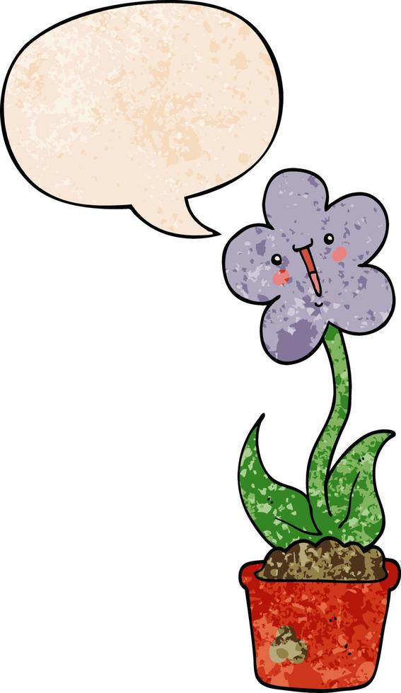 fleur de dessin animé mignon et bulle de dialogue dans un style de texture rétro vecteur