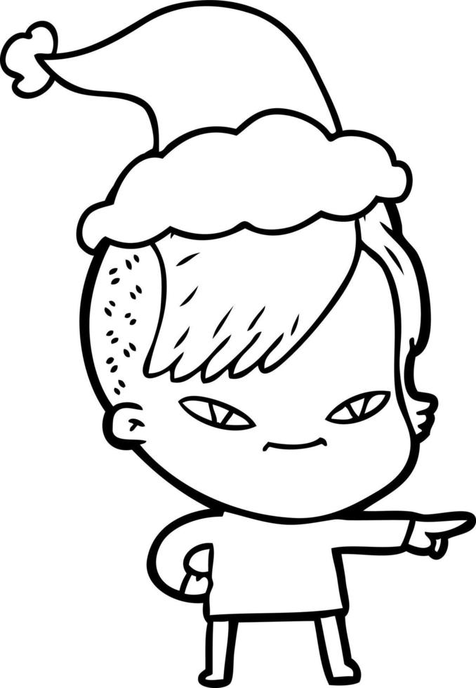 joli dessin au trait d'une fille avec une coupe de cheveux hipster portant un bonnet de noel vecteur
