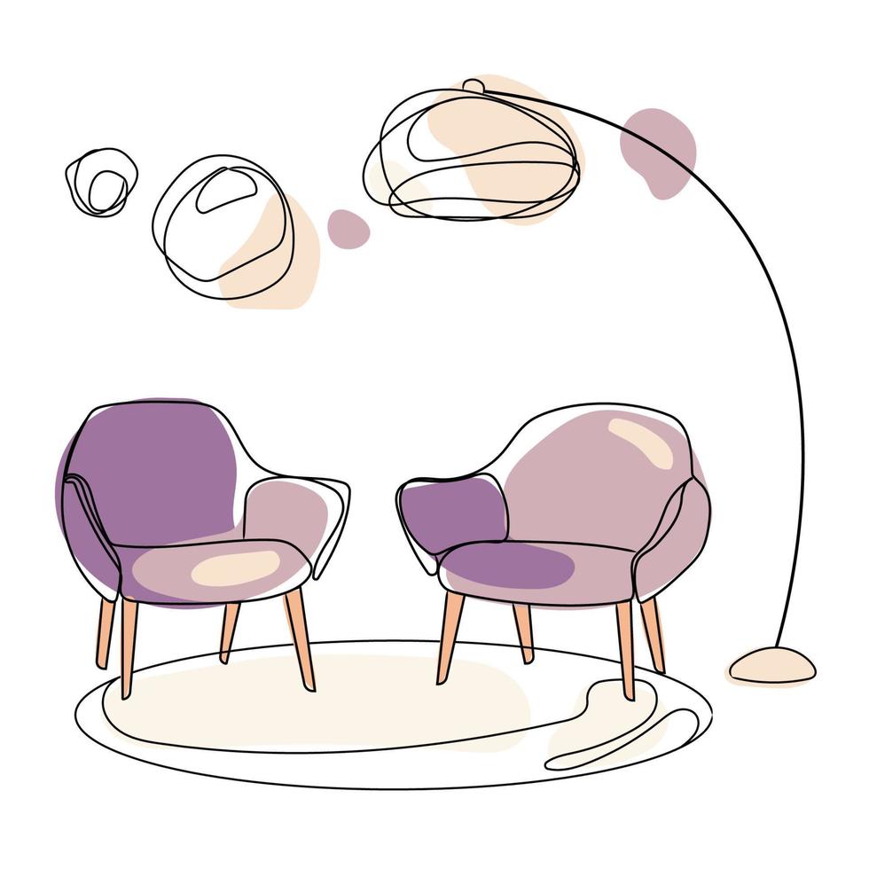 mobilier moderne, deux fauteuils et un lampadaire.design du salon salon place.vector dessin à la main de la pièce intérieure dans un style d'art minimal moderne. vecteur