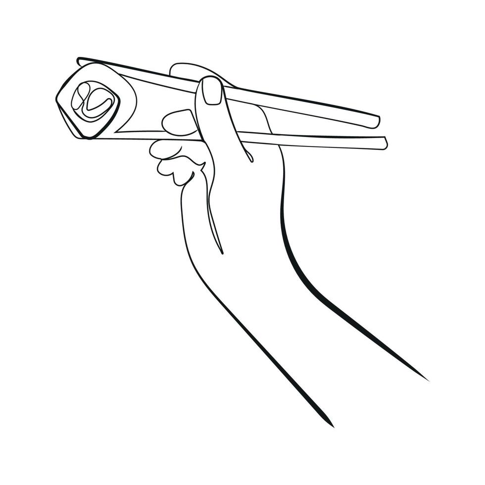 main tenant des baguettes avec sushi roll dessin au trait noir, logo, icône, emblème design.vector illustration. éléments de cuisine asiatique avec rouleau de sushi et baguettes en bois croquis noir et blanc, dessin au trait vecteur