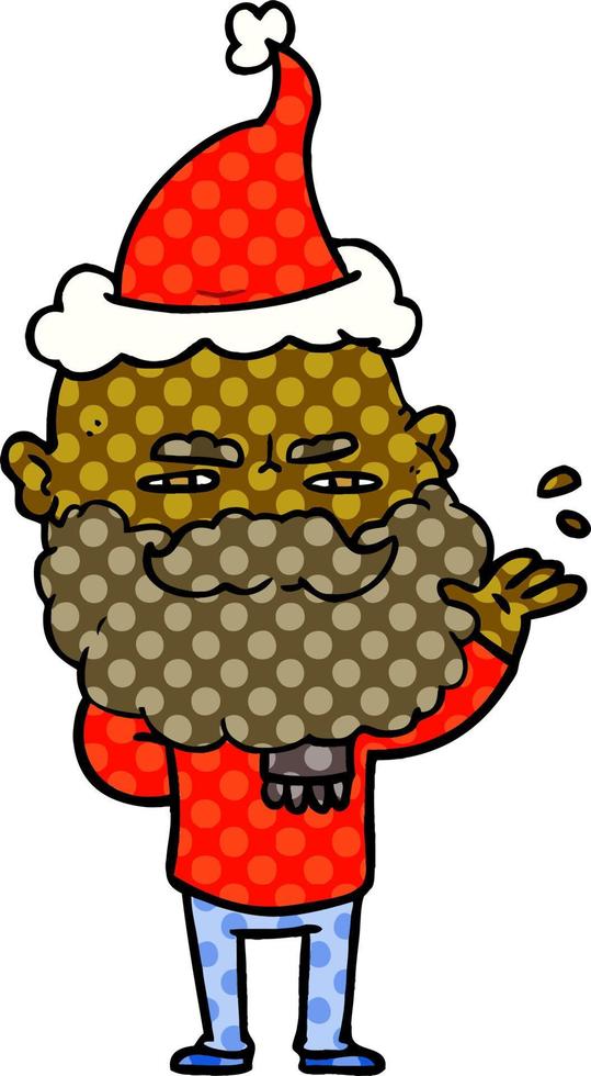 Illustration de style bande dessinée d'un homme dédaigneux avec une barbe fronçant les sourcils portant un chapeau de santa vecteur