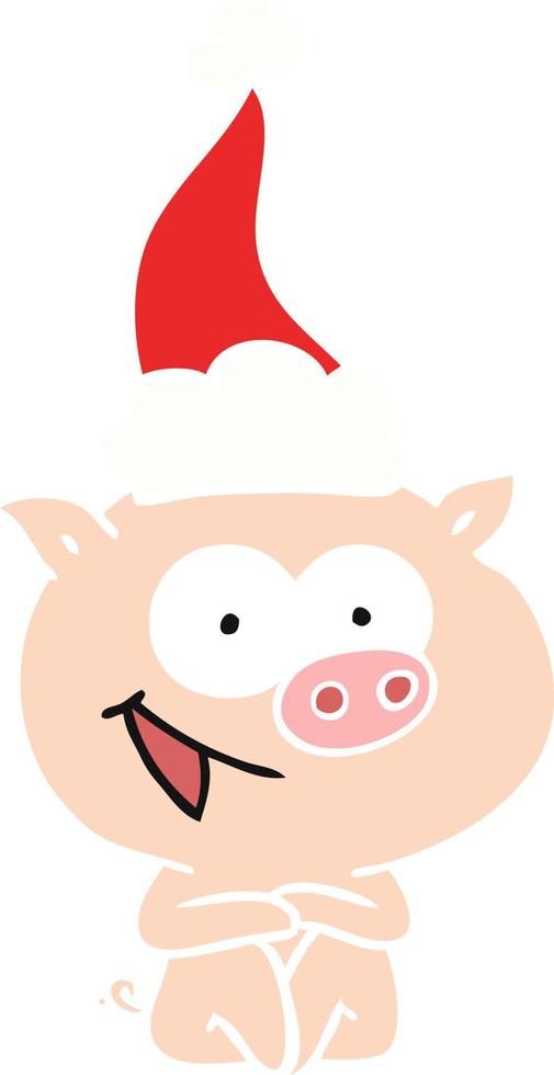 joyeux cochon assis illustration couleur plate d'un bonnet de noel portant vecteur